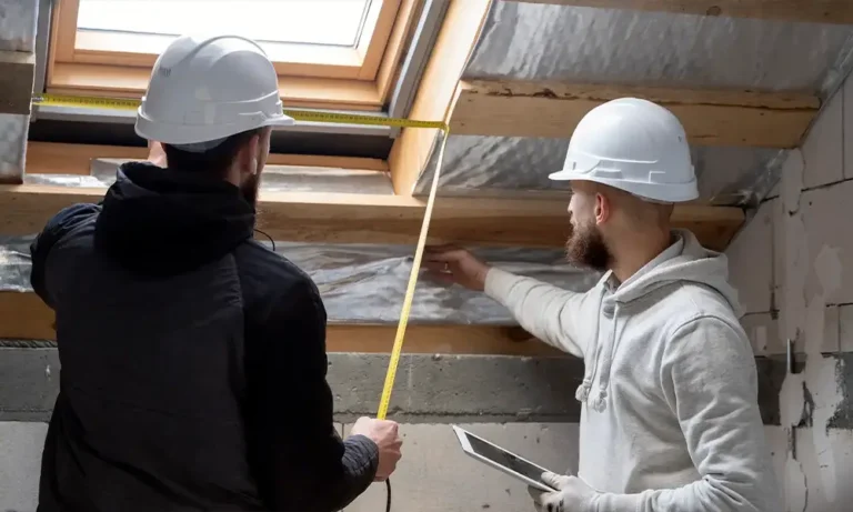 Builders measuring Velux windows in a loft conversion